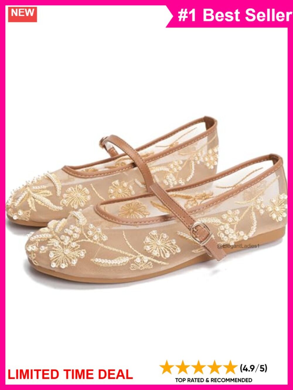 Mesh Embroidered Ballet Flats Closed Toe Buckle Mary Jane Shoes